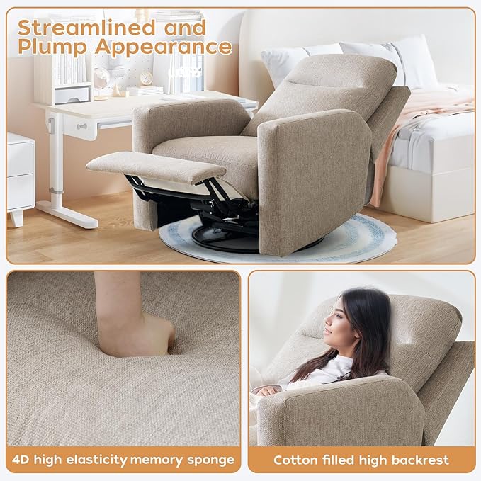 Power Nursery Rocking Chairs, 270° Oversized Swivel Rocker Recliner w/USB & Type-C Charging Port, Rotating Rocking Reclining Nursing Chair for Breastfeeding, Living Room,Bedroom,Brown