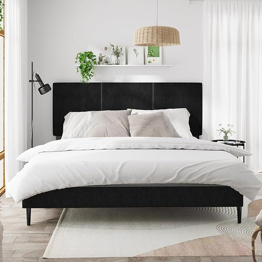 King Bed Frame with Headboard, Vertical Channel Tufted Heavy Duty King Size Bed Frame, No Box Spring Needed, Easy Assembly, Platform Bed Frame with Headboard, Black