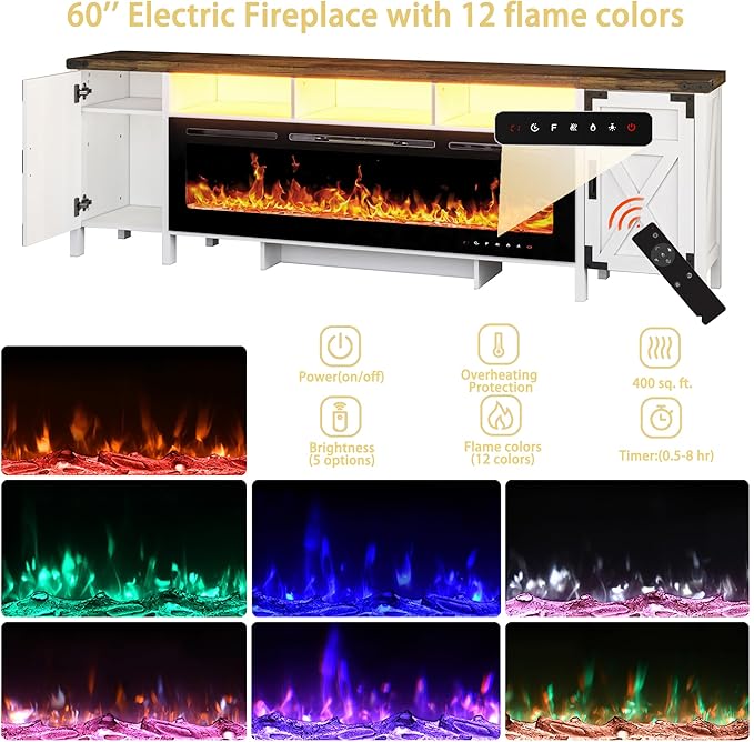 94.5" Fireplace TV Stand for TVs Up to 100", Farmhouse Entertainment Center with 60" Electric Fireplace & LED Lights, Large TV Console for Living Room, Barn Door Cabinet & Open Shelf, White