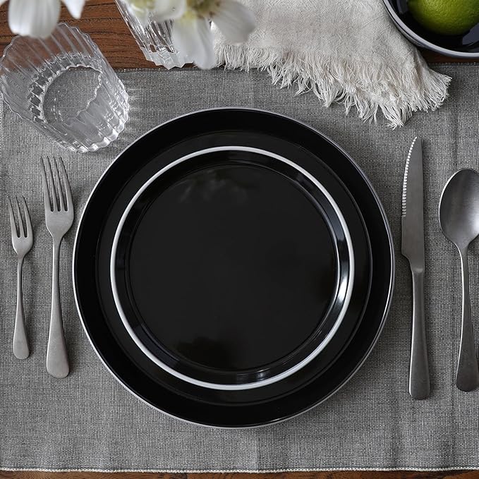 Famiware Saturn Dinnerware Sets, Plates and Bowls Sets for 4, 12 Pieces Stoneware Dish Set - Chip and Scratch Resistant, Microwave and Dishwasher Safe Tableware Set, Black with Rim