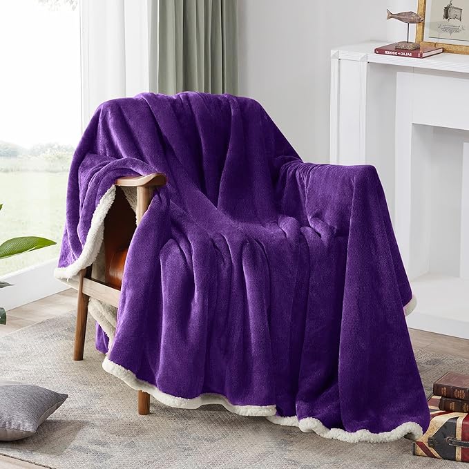 BEAUTEX Sherpa Fleece Throw Blankets, Soft Fluffy Flannel Plush Blanket and Throw, Fuzzy Cozy Purple Cuddle Blankets for Couch Bed Sofa Adults (50" x 60", Purple)