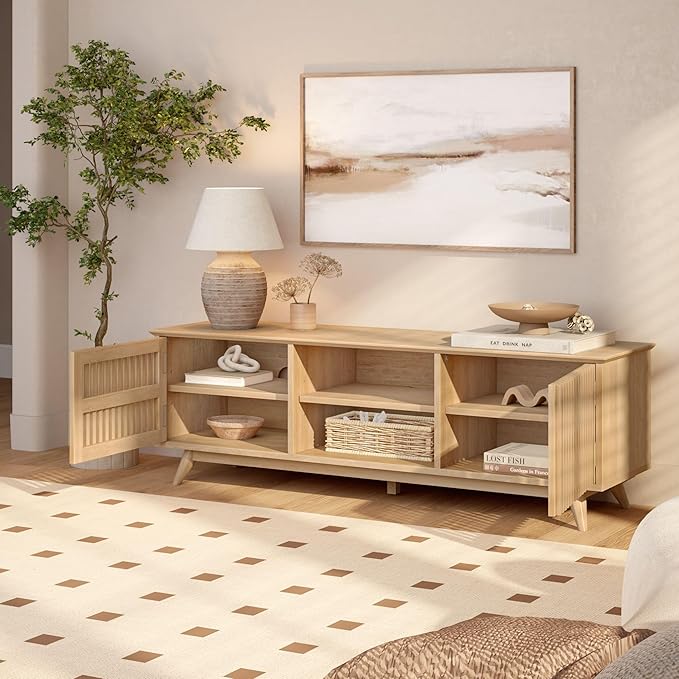 Plank+Beam Mid-Century Modern Wood TV Stand, Solid Wood Entertainment Console with Storage, 59" L x 16" W x 19" H, Blonde