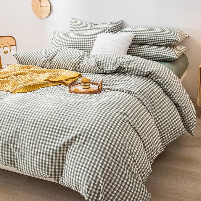 mixinni Green Gingham Comforter Set Full, Plaid Comforter Set 3 Pieces 1 Green Grid Comfoter with 2 Pillow Cases for All Seasons, Soft Fluffy Modern Grid Pattern Printed Bedding-Full Size