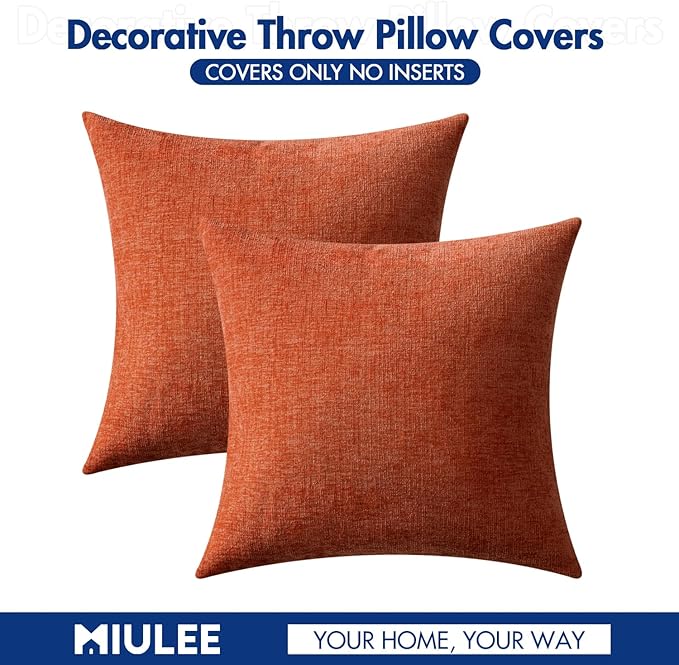 MIULEE Pack of 2 Rust Throw Pillow Covers 18x18 Inch Fall Soft Chenille Pillow Covers for Sofa Living Room Couch Solid Dyed Cases