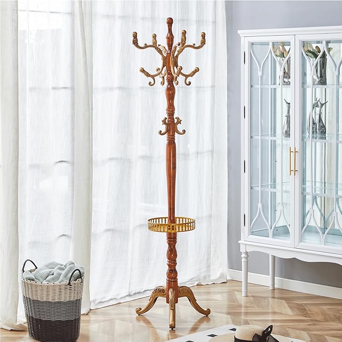 Solid Wood Coat Rack Freestanding, 77" Adjustable Hall Tree Hanger With Hooks, Coat Hanger Stand for Hanging Clothes Bags Hats in Living Room Bedroom