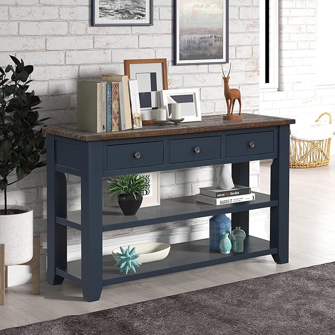 Knocbel Farmhouse Entryway Long Console Table with 3 Storage Drawers and Bottom Open Shelves, Entry Hallway Foyer Sofa Table with Handles, 29.9" H x 48.8" W x 15.8" D (Blue and Brown)