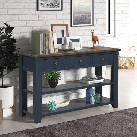 Knocbel Farmhouse Entryway Long Console Table with 3 Storage Drawers and Bottom Open Shelves, Entry Hallway Foyer Sofa Table with Handles, 29.9" H x 48.8" W x 15.8" D (Blue and Brown)