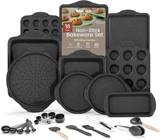 18-Piece Kitchen Oven Baking Set: Nonstick Gray Marble Coating, Carbon Steel Bakeware, Silicone Handles, Dishwasher Safe, Professional Quality, PFOA-Free