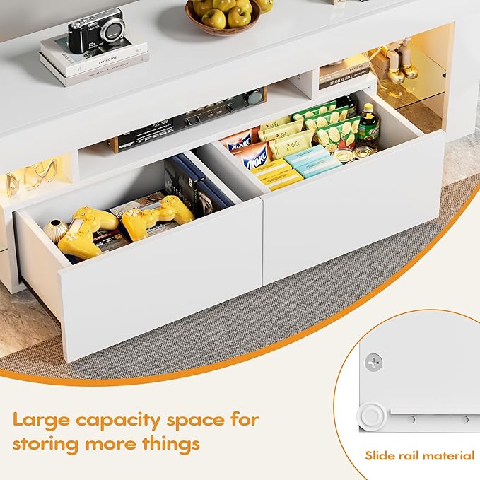 YESHOMY Modern LED TV Stand for Televisions up to 70 Inch with Glass Shelves and Drawer, Gaming Entertainment Center with Multiple Dynamic RGB Modes, for Livingroom, Bedroom, 60 Inch, White