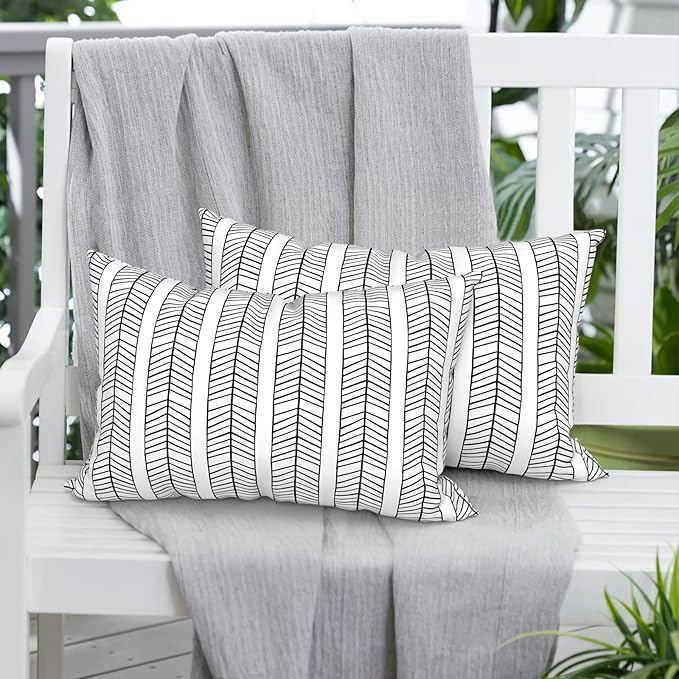 Pack of 2 Outdoor Lumbar Pillow Covers, All Weather Cushion Pillow Cases 12x20 Inch, Pillowcase for Patio Couch Decoration, HerringboneWhite