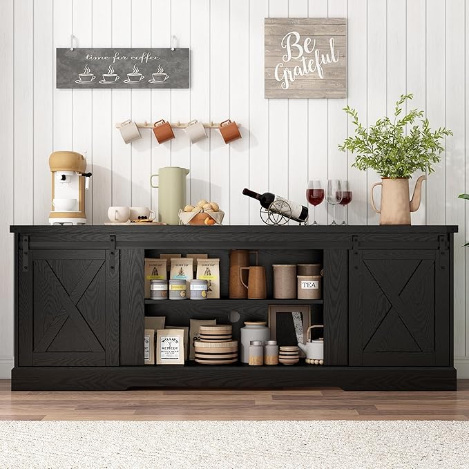 Farmhouse TV Stand for 70/75/80 Inch TV, 70 inch Entertainment Center Storage Cabinets with Sliding Barn Doors, Media Console Cabinet for Living Room, Black