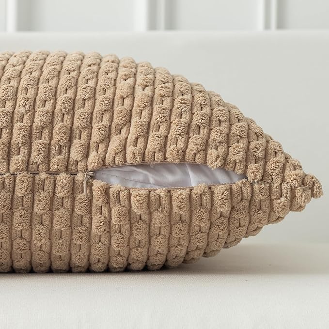 Kevin Textile Pack of 2 Tan Corduroy Decorative Throw Pillow Covers 16x16 Inch Soft Boho Striped Pillow Covers Modern Farmhouse Home Decor for Autumn Sofa Living Room Couch Bed