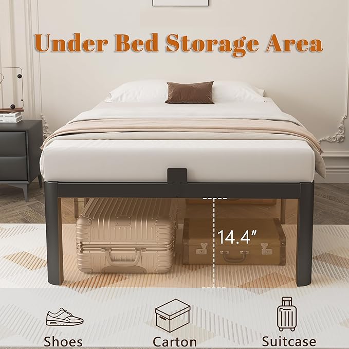 16 Inch Twin Bed Frames, Black Twin Metal Bed Frame with Anti-Slip Baffles, No Box Spring Needed, Heavy Duty Steel Platform Supprt, Rounded Corner Design, Storage Space, Noiseless