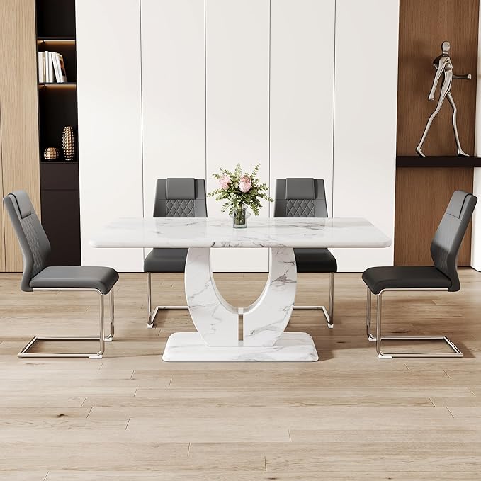 Dining Table Set for 4, Kitchen Table Chairs Set of 4, Modern Dining Room Set with 63 inch Marble Dinner Table PU Leather Upholstered Chairs for Dining Room Kitchen