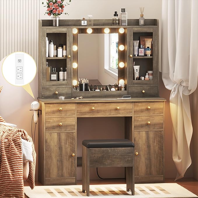Vanity Desk with Mirror and Lights, Grey Vanity Mirror with Lights Desk and Chair & Charging Station, Farmhouse Makeup Vanity Desk with Lighted Mirror for Women Bedroom 3 Color Modes Adjustable