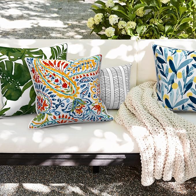 Outdoor Throw Pillow Covers Pack of 2, Decorative Water Repellent Square Pillow Cases with Piping 18x18 Inch, Patio Pillowcases for Home Patio Furniture Use, Palm Green