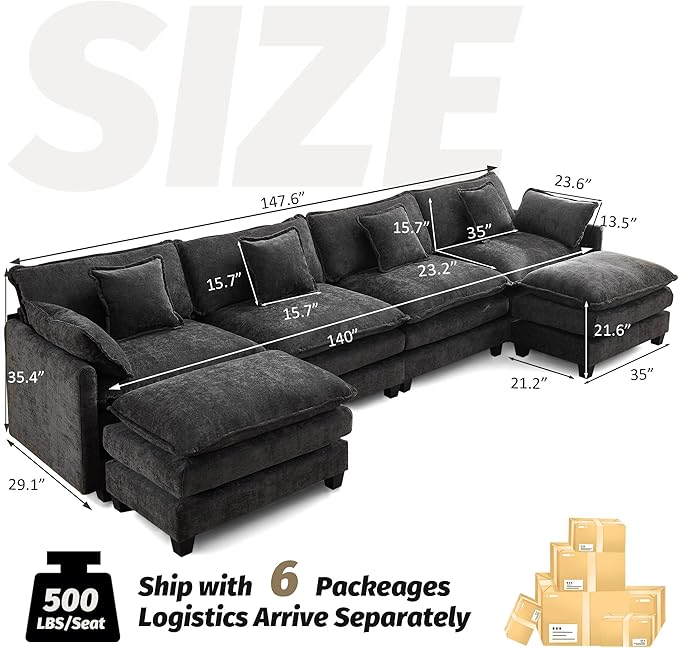 147'' Sectional Cloud Deep Seat Couch, Oversized Chenille U Shaped Sectional Sofa for Living Room Set, Comfy Upholstered Modular Sectional Sofa Couch with 2 Movable Ottoman, Dark Grey