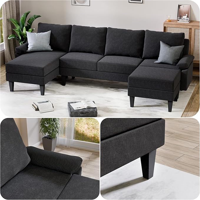 115 Inch U Shaped Sectional Couch with Chaise, 5-Seat Sofa with Moveable Ottoman, Modern Modular Sofa for Living Room, Apartment, Black