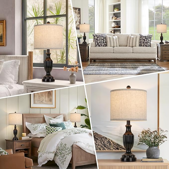 TOBUSA Farmhouse Living Room Table Lamps Set of 2, Matte Black Rustic Vintage Table Lamps for Bedroom Nightstand, Antique Bedside Desk Lamps with Linen Shade, 22’’ Small Resin Lamp Sets for End Table