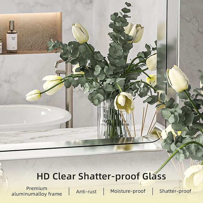 Hasipu 55×32 Inch Large Bathroom Mirror for Wall, Rectangular Silver Metal Frame Bathroom Mirrors, Modern Wall Mounted Vanity Mirror for Bathroom (Horizontal/Vertical)