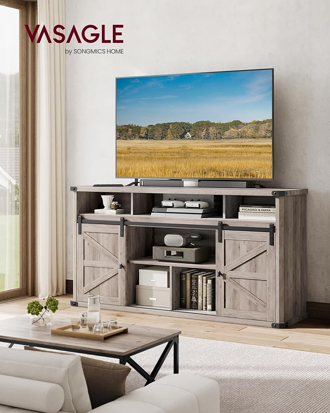 VASAGLE TV Stand for TVs up to 65 Inches, Farmhouse Entertainment Center with Sliding Barn Doors, TV Console Table for Living Room, Heather Greige ULTV322K02