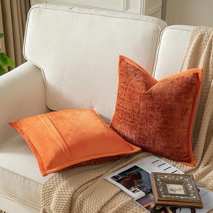 Yaertun Pack of 2 Chenille Textured Decorative Throw Pillow Covers Accent Solid Cushion Cover Soft Cozy Pillow Case with Velvet Back for Couch Sofa Bed Living Room 24x24 Inch Rust