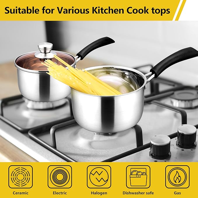 E-far Saucepan with Lid Set, 1 Quart and 2 Quart Stainless Steel Sauce Pan, Multipurpose Small Pot Set for Home Kitchen Restaurant Cooking, Easy Clean & Rust Free, Dishwasher Safe