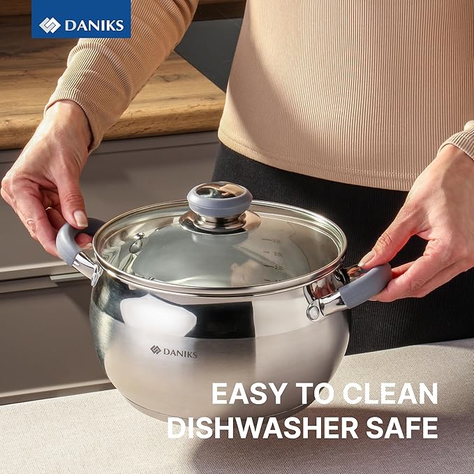 Daniks Modern Stainless Steel Stock Pot with Glass Lid – Induction 3 Quart, Dishwasher Safe, Heatproof Handles, For Soup, Pasta, Stew, Silver