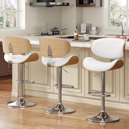Bar Stools, Kitchen Counter Bar Stool Island Barstool with Back Set of 3, Snow White