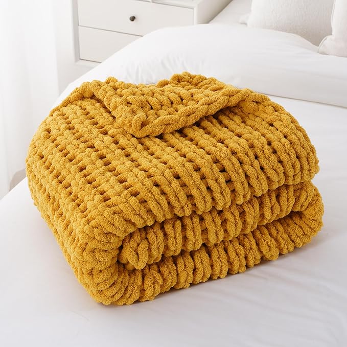 Battilo Chunky Knit Throw Blanket, Soft and Thick Chenille Throw Blanket, 50"x60" Handmade Cable Knit Crochet Blanket, Large Rope Knot Throw Blankets for Couch Sofa Bed Home Decor, Mustard