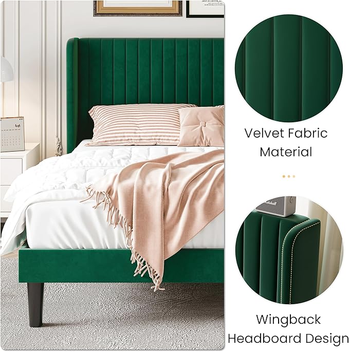 SHA CERLIN King Size Velvet Bed Frame with Vertical Channel Tufted Wingback Headboard, Upholstered Platform Bed with Wood Slats, No Box Spring Needed, Easy Assembly, Green
