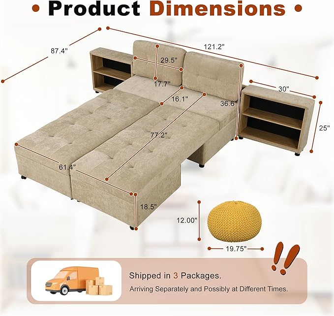 121.2" Sectional Couch, Versatile Sofa Bed Modular Sofa with Two Storage Racks, Sectional Couches for Living Room and Office, Brown