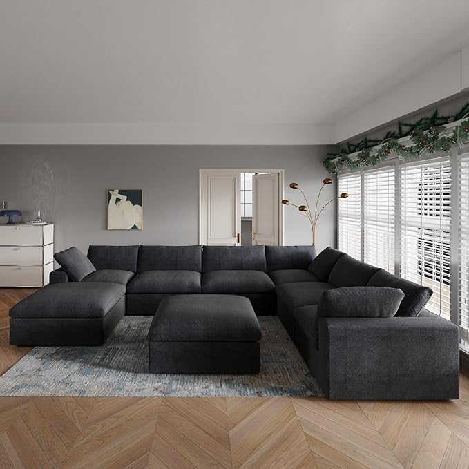JACH 160" Cloud Sectional Couch, Modern Overzised Down Filled Couch, 8 Seater Convertible Modular Cloud Sofa for Living Room, Minimalist Deep Seat Couches,Sofa Cover Removable, Black