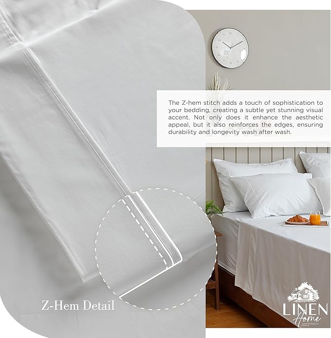 Linen Home 100% Cotton Percale Sheets Queen Size, White, Deep Pocket, 4 Pieces Set - 1 Flat, 1 Deep Pocket Fitted Sheet and 2 Pillowcases, Crisp Cool and Strong Bed Linen