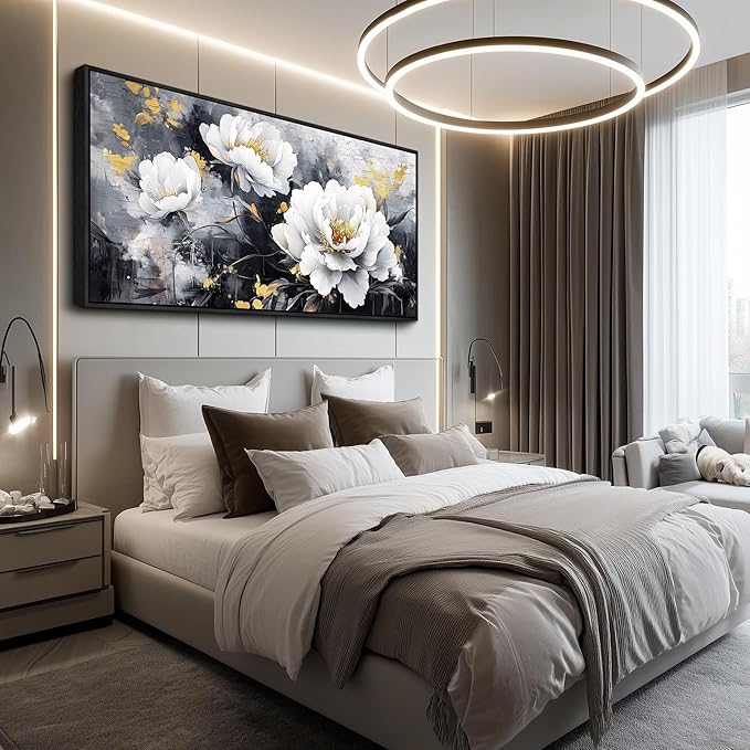 PHAOHUAXM Large Canvas Black Framed Wall Art Decor For Living Room Bedroom Abstract Painting Ink-Wash White Flowers With Home Dining Room Decorations Prints Posters Modern Room Home Decor 24"X48"