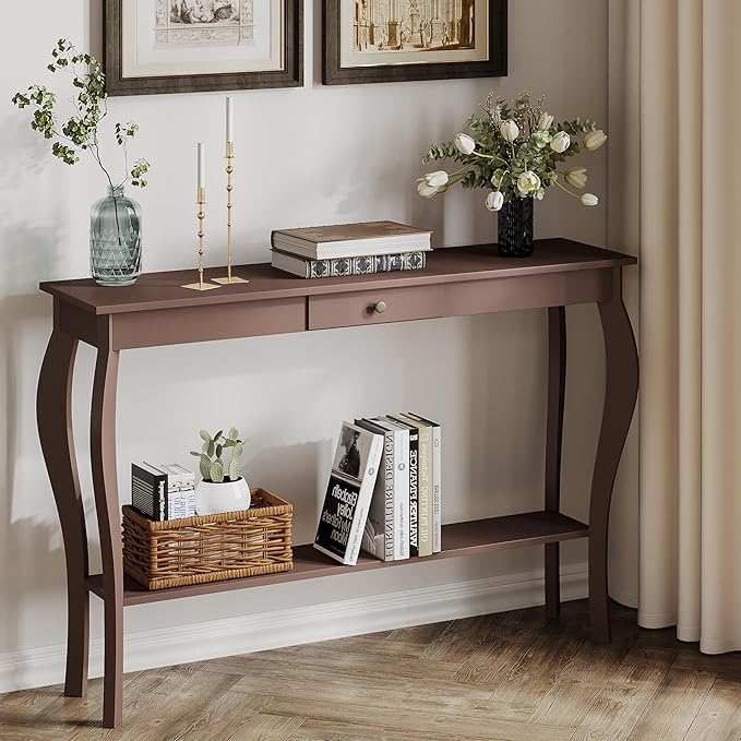 ChooChoo 47 Inch Narrow Console Table with Drawer, Chic Accent Sofa Entryway Table with Shelves for Entryway, Living Room, Hallway, Espresso