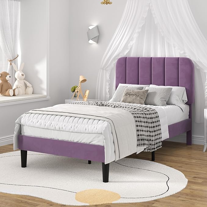 VECELO Twin Size Bed Frame with Upholstered Headboard, Velvet Platform Bedframe Mattress Foundation, Strong Wood Slat Support, No Box Spring Needed,Purple