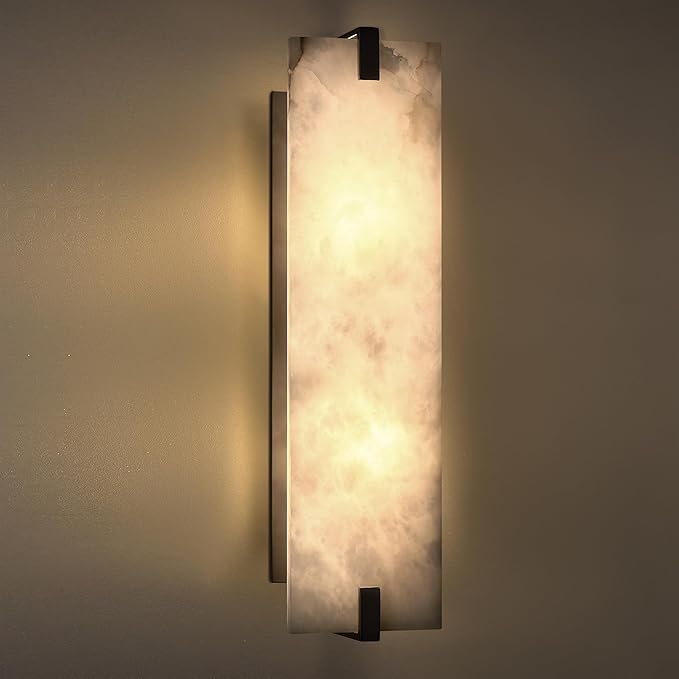 2 Light 20.7" Natural Square Alabaster Marble Bathroom Wall Sconce Modern Concise Style Wall Light Fixture,Black Finish for Bedroom Hallway Bedside