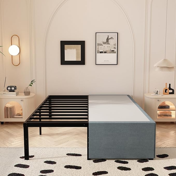18 Inch Full Size Bed Frame with Skirt, Heavy Duty Metal Bed Frame Full, No Box Spring Needed, Support Up to 3000 lbs, Easy Assembly, Noise Free, Black