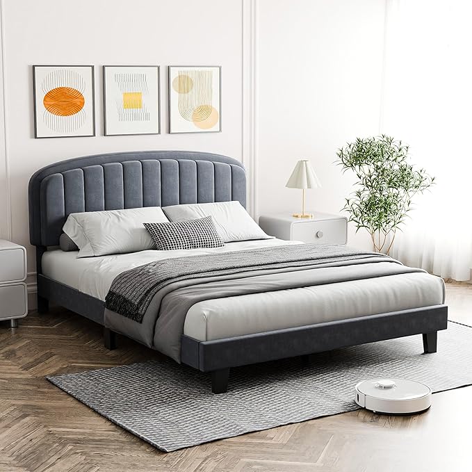 Cozy Castle Queen Bed Frame, Upholstered Platform Bed with Velvet Adjustable Curved Headboard, Mattress Foundation with Strong Wooden Slats, No Box Spring Needed, Easy Assembly, Gray