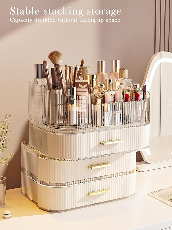 Makeup Organizer with Stackable Drawer, 360 Rotating Makeup Brush Holder, 11-inch Wide Large Cosmetic Display Case, Skincare Organizers and Storage for Dresser, Vanity, Bathroom Countertop