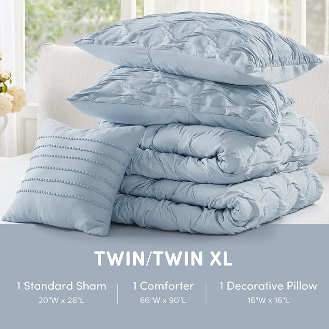 Comfort Spaces Twin/Twin XL Comforter Set for College Ogee Ruched Crinkle Texture Breathable Comforter Set Twin Dorm All Season Lightweight Bedding Set Shabby Chic Décor Pilow Blue 3 Piece
