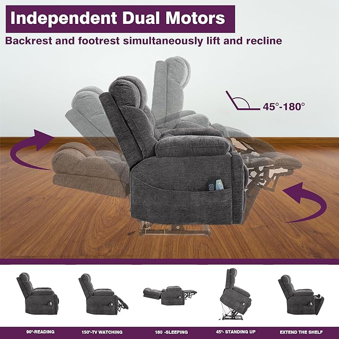 Oversized Lay Flat Power Lift Recliner Chair with Heat and Massage for Elderly, Infinite Position Heavy Duty Dual Motor Lift Chair 400 lbs with Cup Holder & Wireless Phone Charger