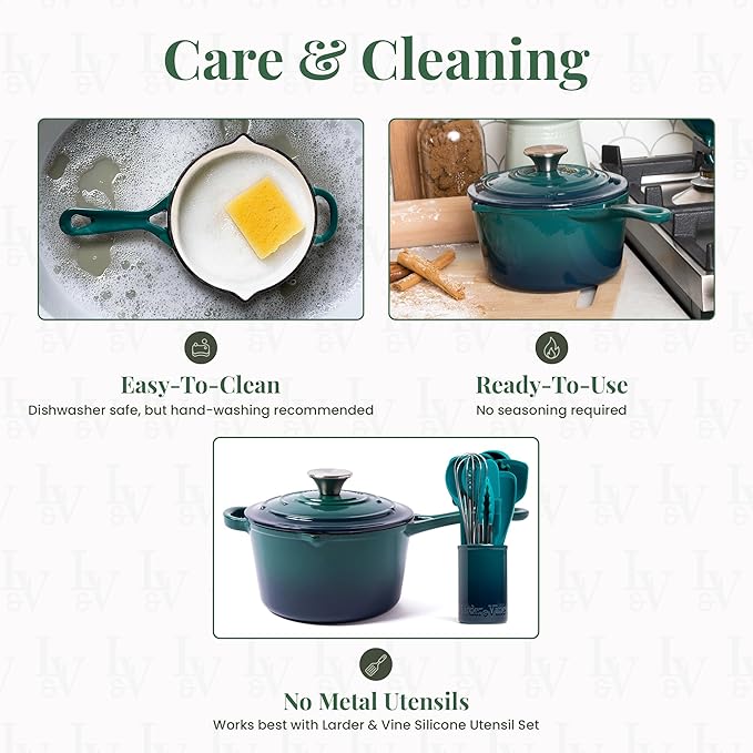 Larder & Vine Enameled Cast Iron Saucepan | 2.2 qt Sauce Pan with Lid | Saucepan with Pour Spouts | Enameled Cast Iron Pot Compatible on All Cooktops & Oven Safe to 500° F | Bondi
