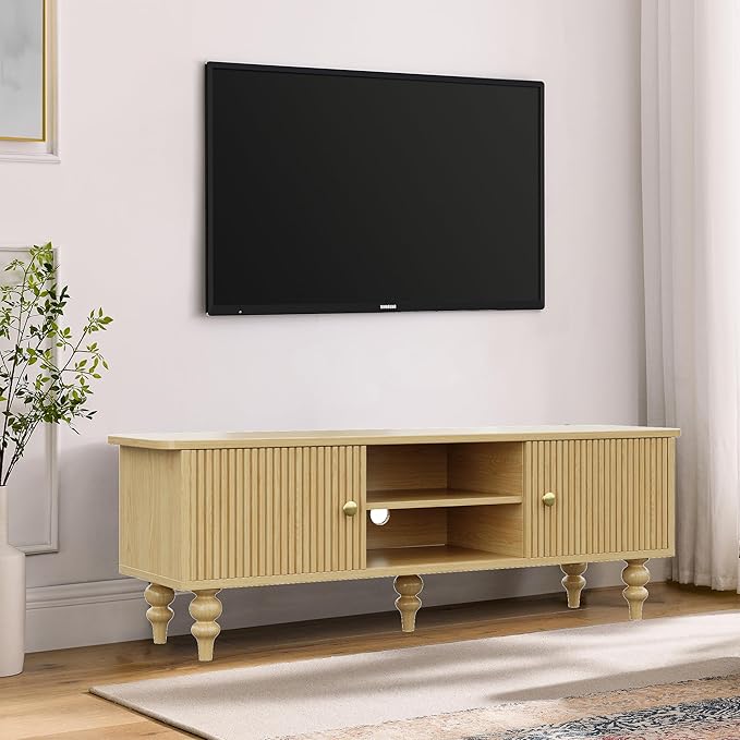 Modern Wood TV Stand for 55 Inch TV, Retro Media Console with Storage Cabinets & Shelves, Solid Wood Entertainment Center with Fluted Doors, Mid Century Style TV Cabinet, Nature