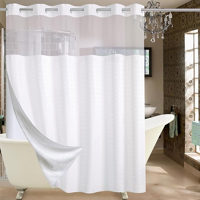 Conbo Mio Extra Wide No Hook Shower Curtain with Snap in Liner Set, 108" x 74" Hotel Luxury White Shower Curtains for Bathroom with See Through Top Window, Waterproof, Washable 108W x 74H