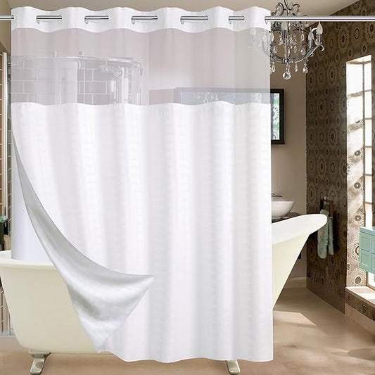 Conbo Mio Extra Wide No Hook Shower Curtain with Snap in Liner Set, 108" x 74" Hotel Luxury White Shower Curtains for Bathroom with See Through Top Window, Waterproof, Washable 108W x 74H
