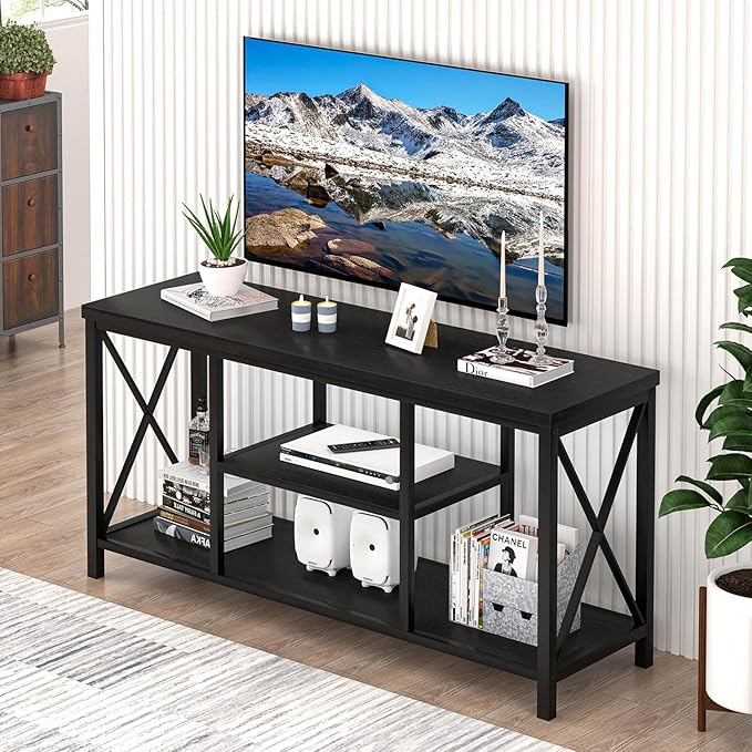 EXCEFUR Modern Entertainment Center for TVs up to 55 Inch, Wood TV Stands with Storage Shelves, Industrial Media TV Console Table for Bedroom Living Room, 47 Inch Black Oak