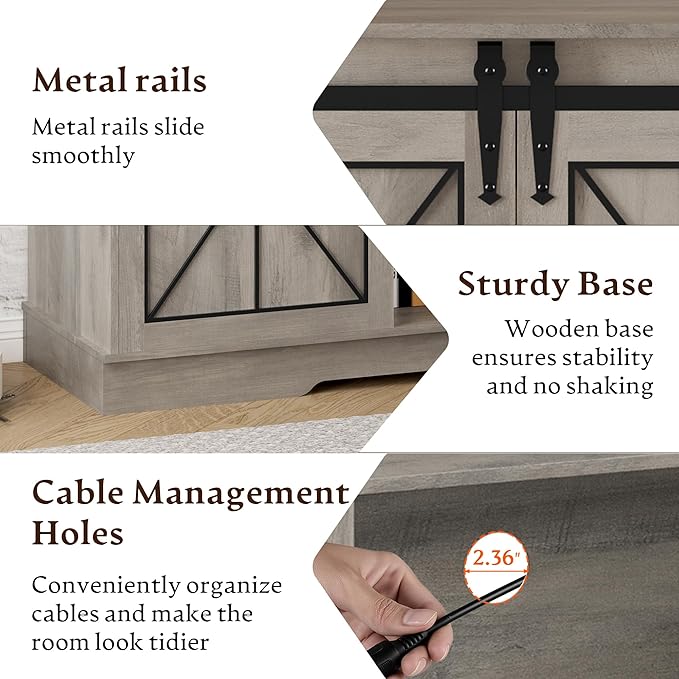 Farmhouse TV Stand for 55 60 65 Inch TV, Mid Century Modern TV Cabinet with Storage and Sliding Barn Doors, Easy Assembly, Entertainment Center Console Table for Bedroom Living Room -Wood Gray