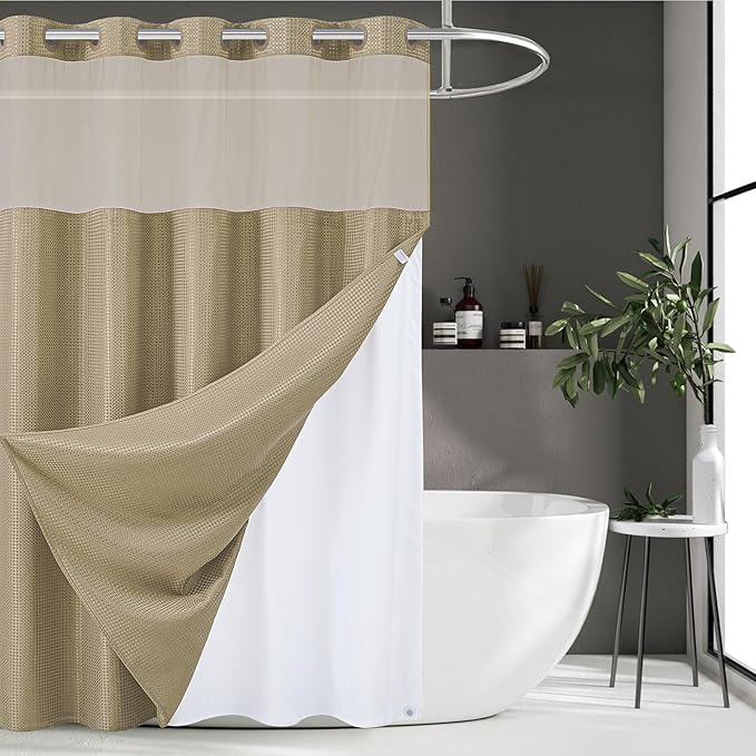 Furlinic Extra Long Waffle Weave No Hook Shower Curtain with Snap in Liner,Heavy Duty Textured Fabric Bathroom Curtains,Hotel Style with Mesh Top Window,Waterproof & Machine Washable,Beige,71x96